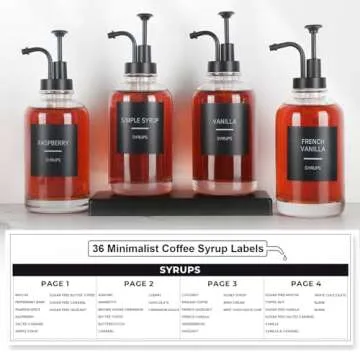 GYOSUGANG 4PCS Coffee Syrup Dispenser, Glass Syrup Dispenser for Coffee Bar w. Labels and Pump, 16.9 oz 500ml Syrup Pump Dispenser, Coffee Bar Accessories Simple Syrup Bottle w. Pump, Ideal Gift