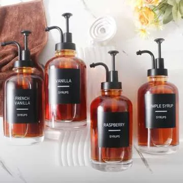 GYOSUGANG 4PCS Coffee Syrup Dispenser, Glass Syrup Dispenser for Coffee Bar w. Labels and Pump, 16.9 oz 500ml Syrup Pump Dispenser, Coffee Bar Accessories Simple Syrup Bottle w. Pump, Ideal Gift