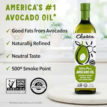 Chosen Foods 100% Pure Avocado Oil for Cooking - 25.4 floz - Rich in Good Fats, Vitamin E, Naturally...