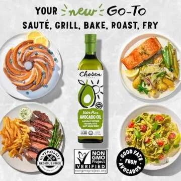 Chosen Foods 100% Pure Avocado Oil for Cooking - 25.4 floz - Rich in Good Fats, Vitamin E, Naturally Refined, High Smoke Point, Non-GMO, Soy-Free, Canola Oil-Free, Gluten-Free, Paleo, Keto + Digital Recipe Book