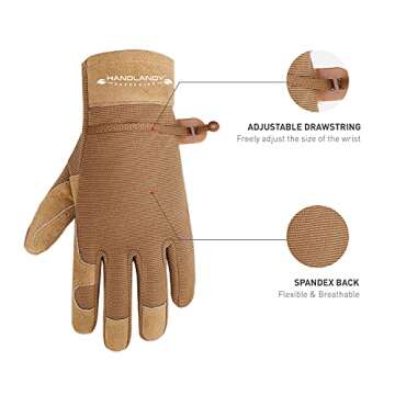 HANDLANDY Gardening Gloves for Women Flexible & Durable, Breathable Utility Work Gloves Heavy Duty Leather Garden Yard Glove (Small, khaki)