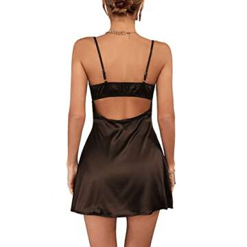 Rooscier Women's Spaghetti Strap Lace Satin Slip Nightwear Sexy Party Mini Dress Solid Brown Medium