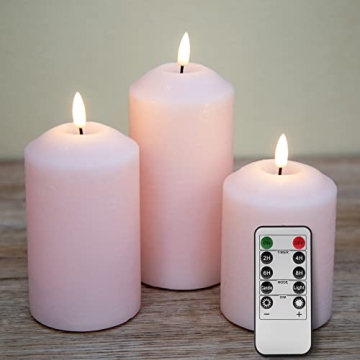 Eywamage Pink Flameless Pillar Candles with Remote, Real Wax Flickering Battery LED Candles Set of 3