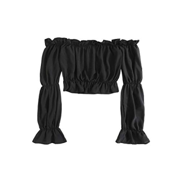 LYANER Women's Off Shoulder Ruffle Trim Puff Long Sleeve Tube Crop Blouse Shirt Top Black Small