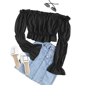 LYANER Off Shoulder Ruffle Crop Top for Women