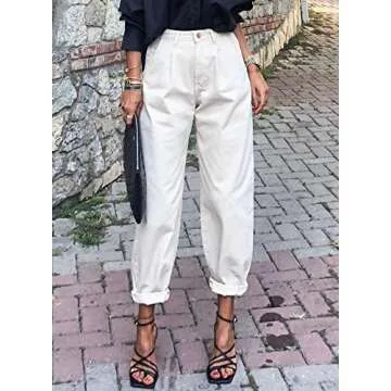 EVALESS Cargo Jeans for Women Casual Baggy High Rise Straight Leg Boyfriend Pants Y2K Trousers Streetwear Pant with Pockets White 4