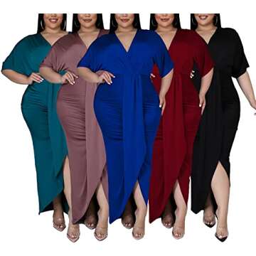 Women Sexy Plus Size Dress V-Neck Bodycon Ruched Long Dresses with Front Slit Elegant Wedding Guest Dresses A-Blue