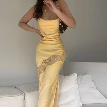 Women Sexy Satin Slip Dress Spaghetti Strap Silk Slim Long Dresses Bodycon Elegant Midi Low Cut Dress 2023 Summer (Yellow Lace, S)