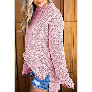 Imily Bela Womens Fuzzy Knitted Sweater Sherpa Fleece Side Slit Full Sleeve Jumper Outwears Pink