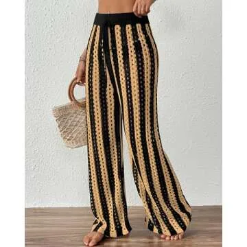 Bsubseach Womens 2025 Crochet Net Hollow Out Striped Beach Pants Sexy Sheer Drawstring Elastic High ...