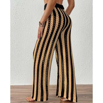 Bsubseach Womens 2025 Crochet Net Hollow Out Striped Beach Pants Sexy Sheer Drawstring Elastic High Waist Swimwear Cover Up Pants