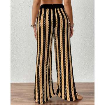 Bsubseach Womens 2025 Crochet Net Hollow Out Striped Beach Pants Sexy Sheer Drawstring Elastic High Waist Swimwear Cover Up Pants