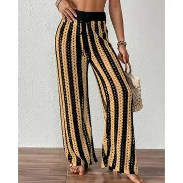 Bsubseach Womens 2025 Crochet Net Hollow Out Striped Beach Pants Sexy Sheer Drawstring Elastic High Waist Swimwear Cover Up Pants