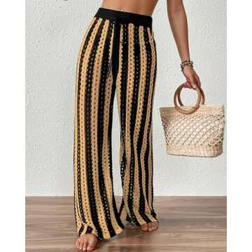 Bsubseach Womens 2025 Crochet Net Hollow Out Striped Beach Pants Sexy Sheer Drawstring Elastic High Waist Swimwear Cover Up Pants