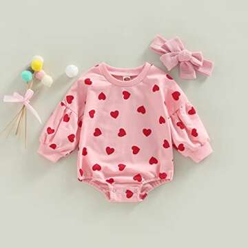 Engofs Newborn Baby Girl Boy Valentines Day Outfit Hearts Sweatshirt Romper with Headband Fall Clothes Pink 6-12 Months
