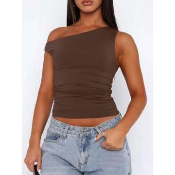 CALEBGAR Off The Shoulder Tops for Women Sleeveless Asymmetrical Going Out Shirts Slim Fit Ruched Crop Tank Tops Y2K Trendy 2024 Tight Tops Brown S
