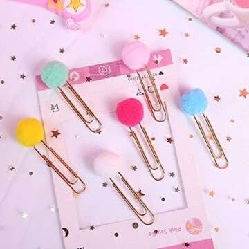 30pcs Clip Memo Notebook Supplies Paper Bookmarks Mixed Planner Scrapbook Photos Cards Bookmark Novelty Kawaii Plush Pom Pompoms for Color Stationery Metal Decoration Decor