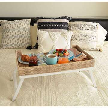 KOUBOO Rattan Breakfast Tray with Foldable Legs, Rectangular Serving Tray, Butler Tray with Folding Wood Stand, Snack Tray for Breakfast, Honey-Brown