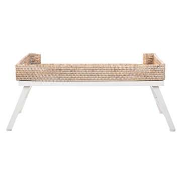 KOUBOO Rattan Breakfast Tray with Foldable Legs, Rectangular Serving Tray, Butler Tray with Folding Wood Stand, Snack Tray for Breakfast, Honey-Brown