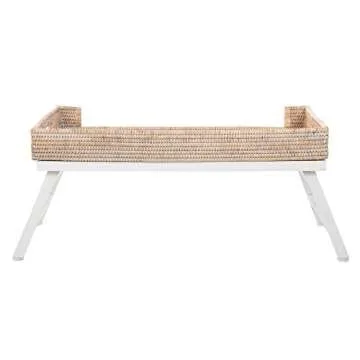 KOUBOO Rattan Breakfast Tray with Foldable Legs, Rectangular Serving Tray, Butler Tray with Folding Wood Stand, Snack Tray for Breakfast, Honey-Brown