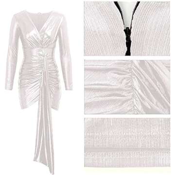 BestGirl Women's Sexy Dress Deep V Neck Long Sleeve Ruched Sparkly Bodycon Club Mini Dresses (3X-Large, Silver)