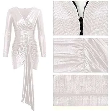 BestGirl Women's Sexy Dress Deep V Neck Long Sleeve Ruched Sparkly Bodycon Club Mini Dresses (3X-Large, Silver)