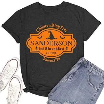Halloween T Shirt Women Sanderson Letter Print Graphic T-Shirt Hocus Pocus Tees Tops(Grey1,Large)