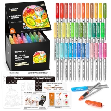 Shuttle Art Automatic Ink Control Acrylic Paint Markers - 48 Vibrant Brush Tip Colors for All Surfac...