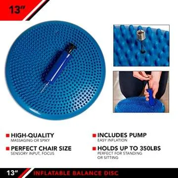 JFIT Inflatable Balance and Stability Disc - Large Yoga Wobble Cushion Trainer with Pump - Core Fitness and Workout Equipment Discs for Home - Office Chair, Ankle Strength Training and Dog or Pet Activity, Blue, 13-Inch