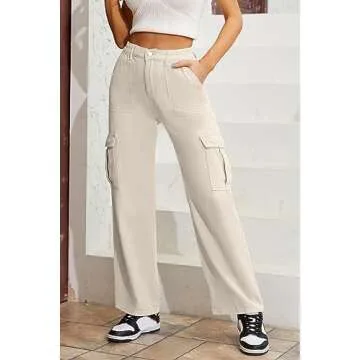 QYANGG High Waist Cargo Pants Women Stretch Baggy Cargo Pants Women Multiple Pockets Relaxed Fit Straight Wide Leg Y2K Pants Beige
