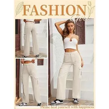 QYANGG High Waist Cargo Pants Women Stretch Baggy Cargo Pants Women Multiple Pockets Relaxed Fit Straight Wide Leg Y2K Pants Beige