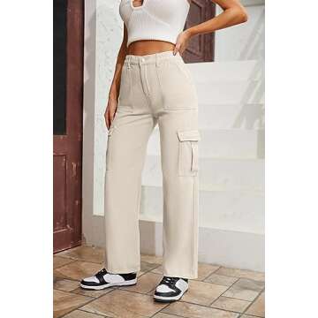 QYANGG High Waist Cargo Pants Women Stretch Baggy Cargo Pants Women Multiple Pockets Relaxed Fit Straight Wide Leg Y2K Pants Beige