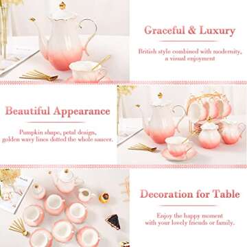 DUJUST 22 pcs Porcelain Tea Set for 6, Luxury British Style Tea/Coffee Cup Set with Golden Trim, Beautiful Tea Set for Women, Tea Party Set, Gift Package (With a Stand) - Gradient Pink