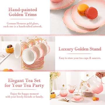 DUJUST 22 pcs Porcelain Tea Set for 6, Luxury British Style Tea/Coffee Cup Set with Golden Trim, Beautiful Tea Set for Women, Tea Party Set, Gift Package (With a Stand) - Gradient Pink