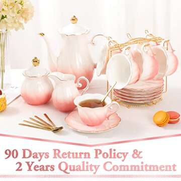 DUJUST 22 pcs Porcelain Tea Set for 6, Luxury British Style Tea/Coffee Cup Set with Golden Trim, Beautiful Tea Set for Women, Tea Party Set, Gift Package (With a Stand) - Gradient Pink
