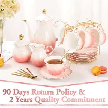 DUJUST 22 pcs Porcelain Tea Set for 6, Luxury British Style Tea/Coffee Cup Set with Golden Trim, Beautiful Tea Set for Women, Tea Party Set, Gift Package (With a Stand) - Gradient Pink