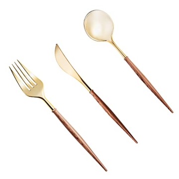 120pcs Gold Plastic Silverware, Gold Disposable Cutlery with Wood Grain Handle Include 40 Forks, 40 ...