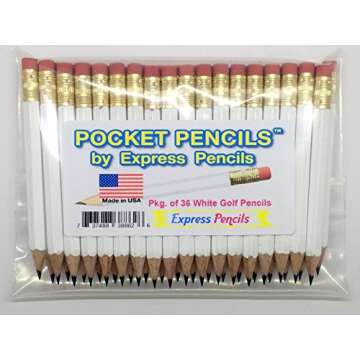 Half Pencils with Eraser - Golf, Classroom, Pew, Short, Mini, Small, Non Toxic - Hexagonal, Sharpened, #2 Pencil, Color - White, Pkg of 36 Pocket Pencils™