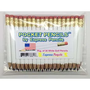 Half Pencils with Eraser - Golf, Classroom, Pew, Short, Mini, Small, Non Toxic - Hexagonal, Sharpened, #2 Pencil, Color - White, Pkg of 36 Pocket Pencils™