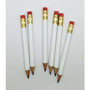 Half Pencils with Eraser - Golf, Classroom, Pew, Short, Mini, Small, Non Toxic - Hexagonal, Sharpened, #2 Pencil, Color - White, Pkg of 36 Pocket Pencils™