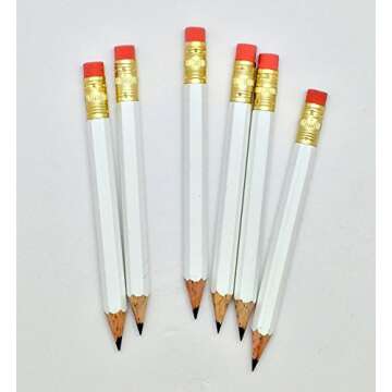 Half Pencils with Eraser - Golf, Classroom, Pew, Short, Mini, Small, Non Toxic - Hexagonal, Sharpened, #2 Pencil, Color - White, Pkg of 36 Pocket Pencils™