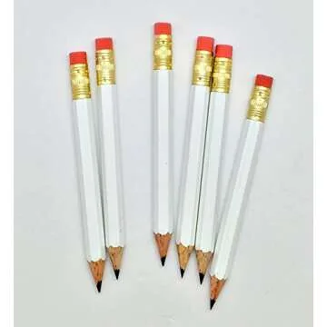 Half Pencils with Eraser - Golf, Classroom, Pew, Short, Mini, Small, Non Toxic - Hexagonal, Sharpened, #2 Pencil, Color - White, Pkg of 36 Pocket Pencils™