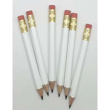 Half Pencils with Eraser - Golf, Classroom, Pew, Short, Mini, Small, Non Toxic - Hexagonal, Sharpened, #2 Pencil, Color - White, Pkg of 36 Pocket Pencils™
