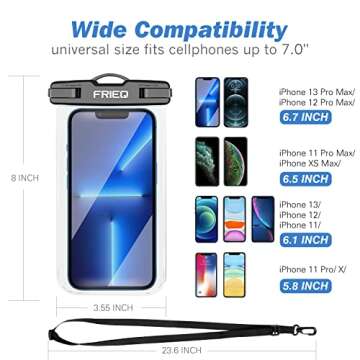 FRiEQ Waterproof Phone Pouch Bag - 2 Pack, Universal IPX8 Waterproof Phone Case Dry Bag with Lanyard for iPhone 15/14/13/12/11 Pro Max Samsung Galaxy S22 S20 and More Up to 7" (Black and Pink)