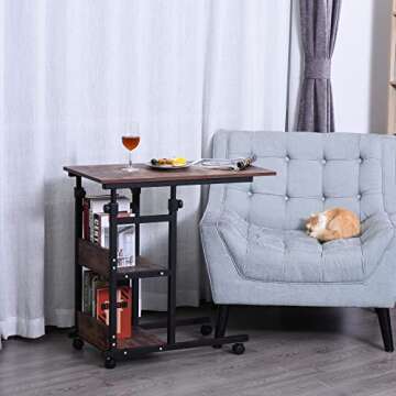 HOMCOM Industrial C-Shaped Mobile Rolling Sofa Side Table with 3-Tier Storage Shelving, Adjustable H...