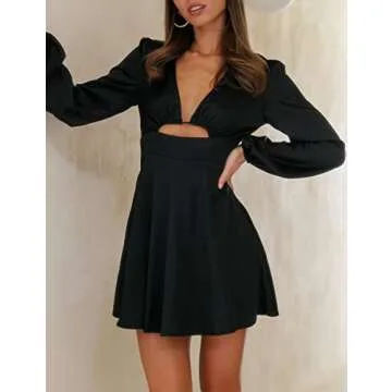 Women's Satin Long Sleeve Cut Out Mini Dress Silk Lantern Sleeve V Neck A-line Sexy Cocktail Short Dress for 2023 Black