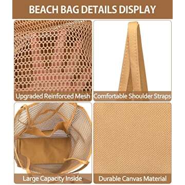 hatisan Beach Bag Mesh Tote Bag,Upgrade Beach Tote with Phone Pouch Women Mesh Bag Shoulder Bag for Beach Travel Vacation (Kakhi)