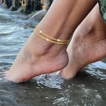 Robaice Gold Ankle Bracelets for Women, Glitter Waterproof Adjustable Anklet for Women, Sterling Silver Layered Anklets, Summer Beach Anklet Jewelry for Women Gift