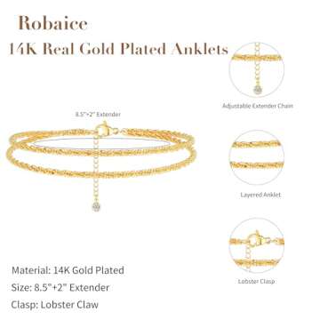 Robaice Gold Ankle Bracelets for Women, Glitter Waterproof Adjustable Anklet for Women, Sterling Silver Layered Anklets, Summer Beach Anklet Jewelry for Women Gift