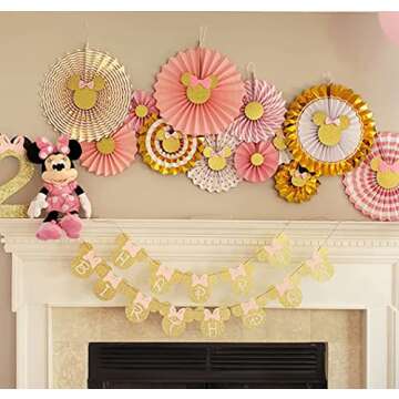12 Pcs Pink Gold Glitter Minnie Tissue Paper Fans Minnie Birthday Party Decor Supplies Birthday Minn...